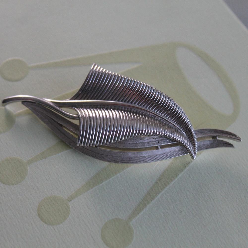 Trifari Silver Tone Feather Brooch